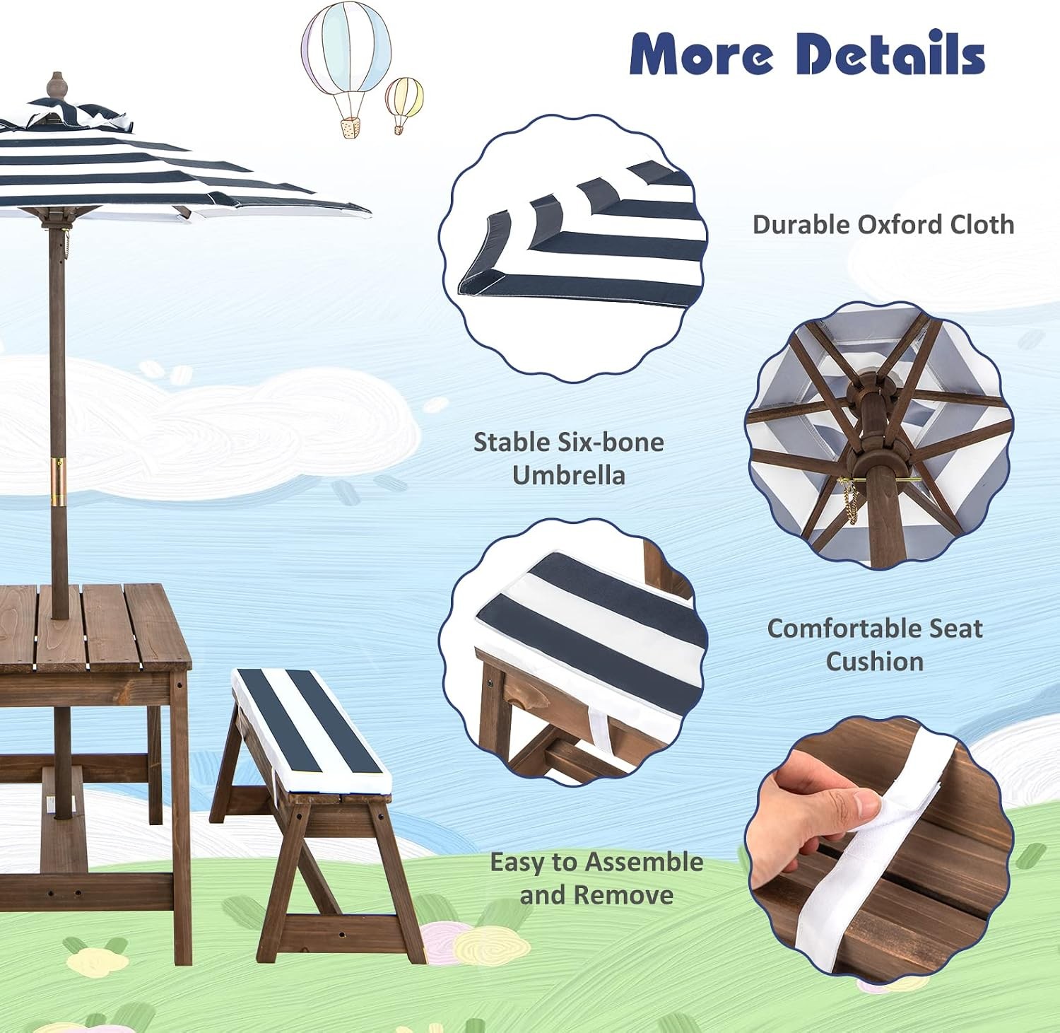 Kids Picnic Table 3 Heights Adjustable Umbrella Childrens Outdoor Bench