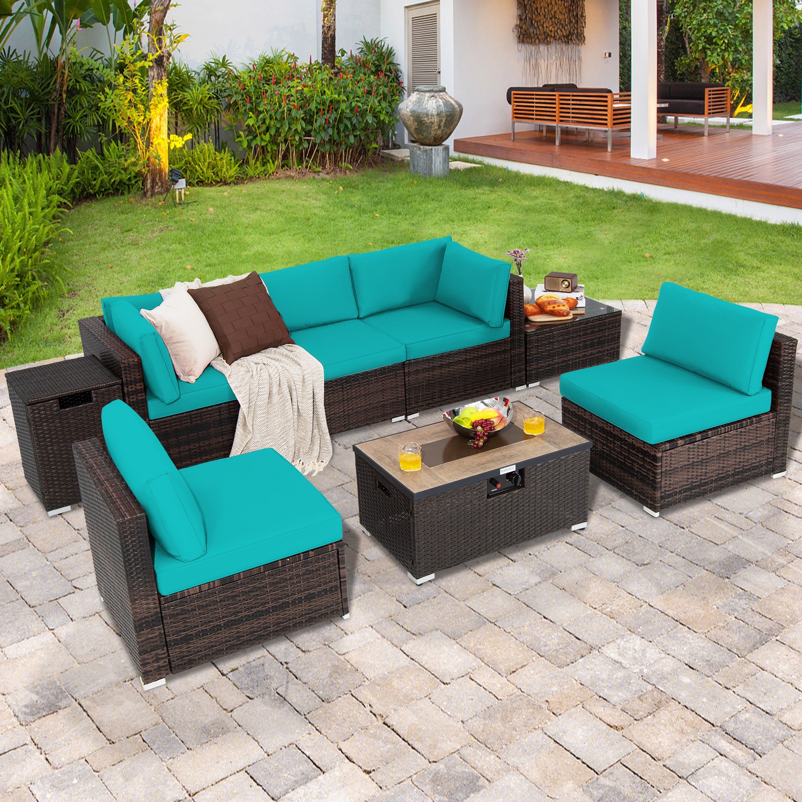8 PCS Patio Rattan Furniture Set w/ Fire Pit Table Tank Holder & Cover Turquoise