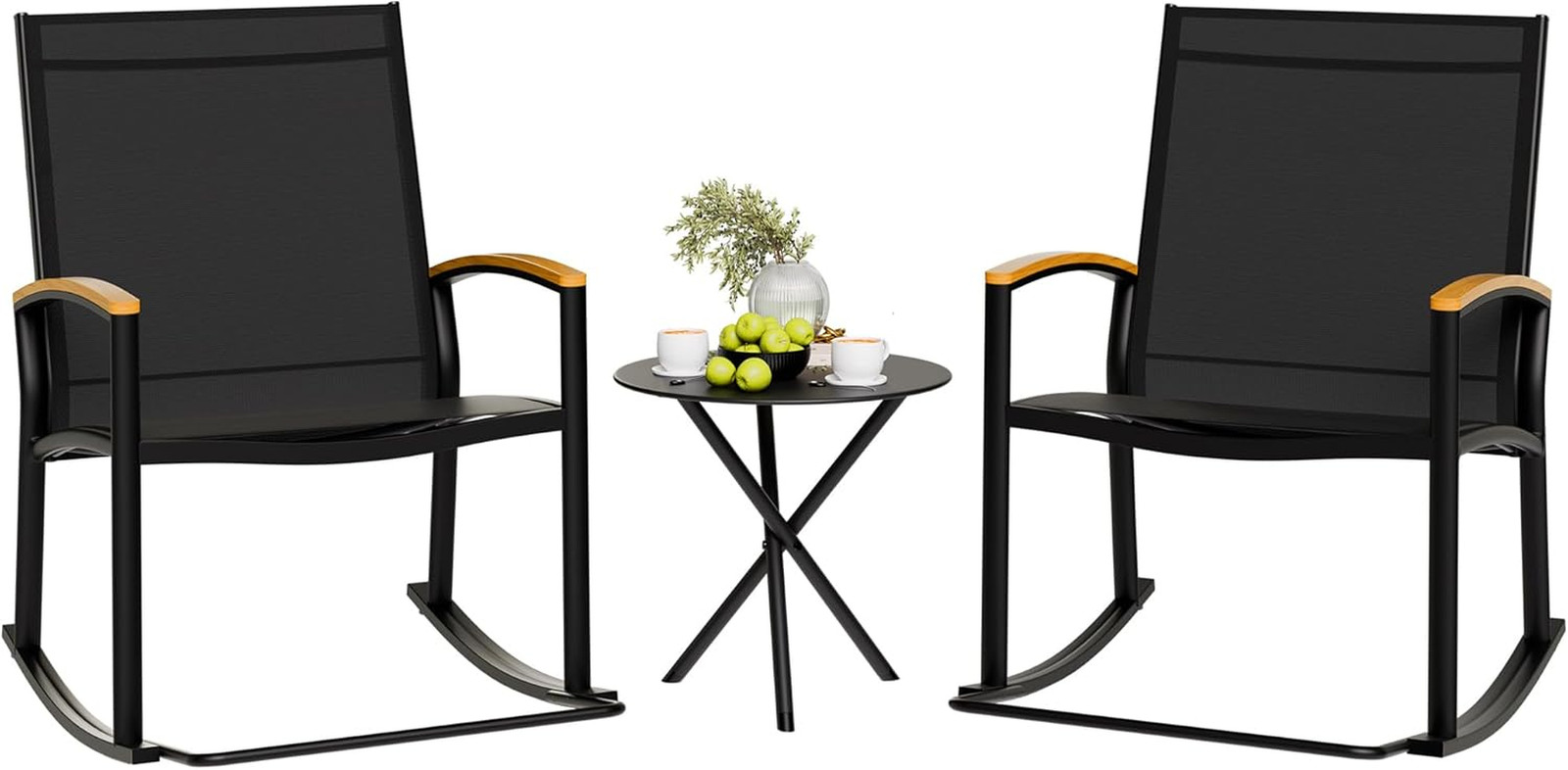 3 Piece Outdoor Rocking Bistro Set, Textilene Fabric Small Patio Furniture Set,