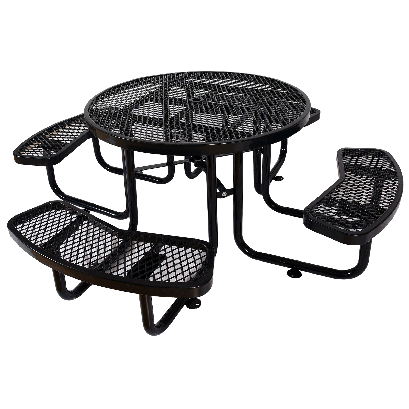 46” Coated Steel Outdoor Round Picnic Table & Bench Set for 8 w/ Umbrella Pole