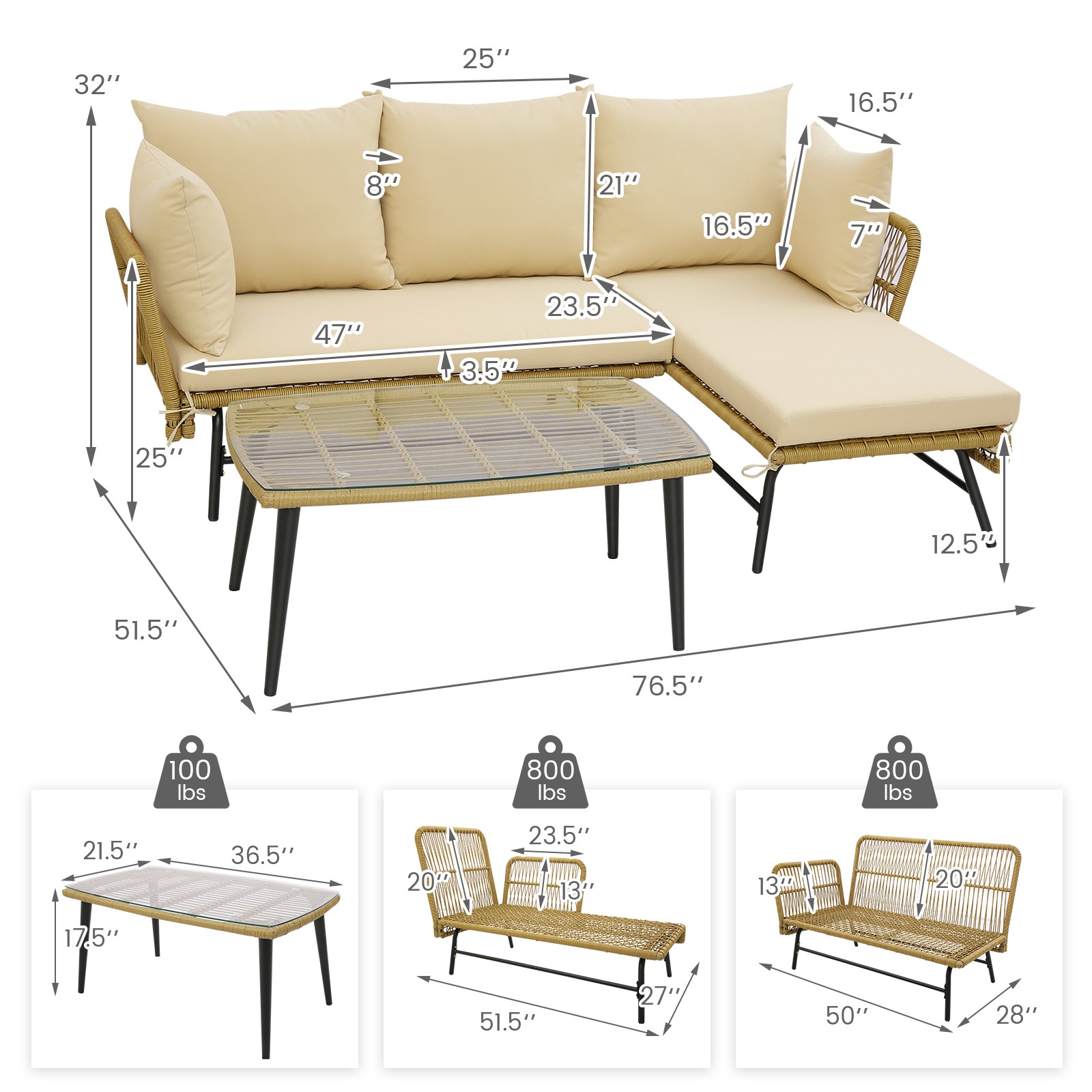 3 PCS L-Shaped Patio Sofa Set Conversation Furniture with Cushions Deck Garden
