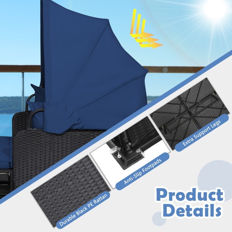 Outdoor Patio Rattan Daybed Lounge Retractable Canopy Side Table W/ Navy Cushion