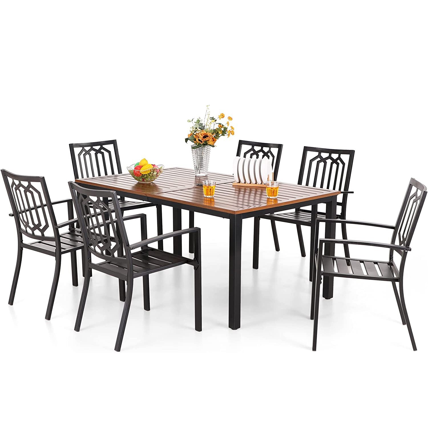 7-PCS Outdoor Patio Dining Set Table & Chairs Set with Umbrella Hole 6 Chairs