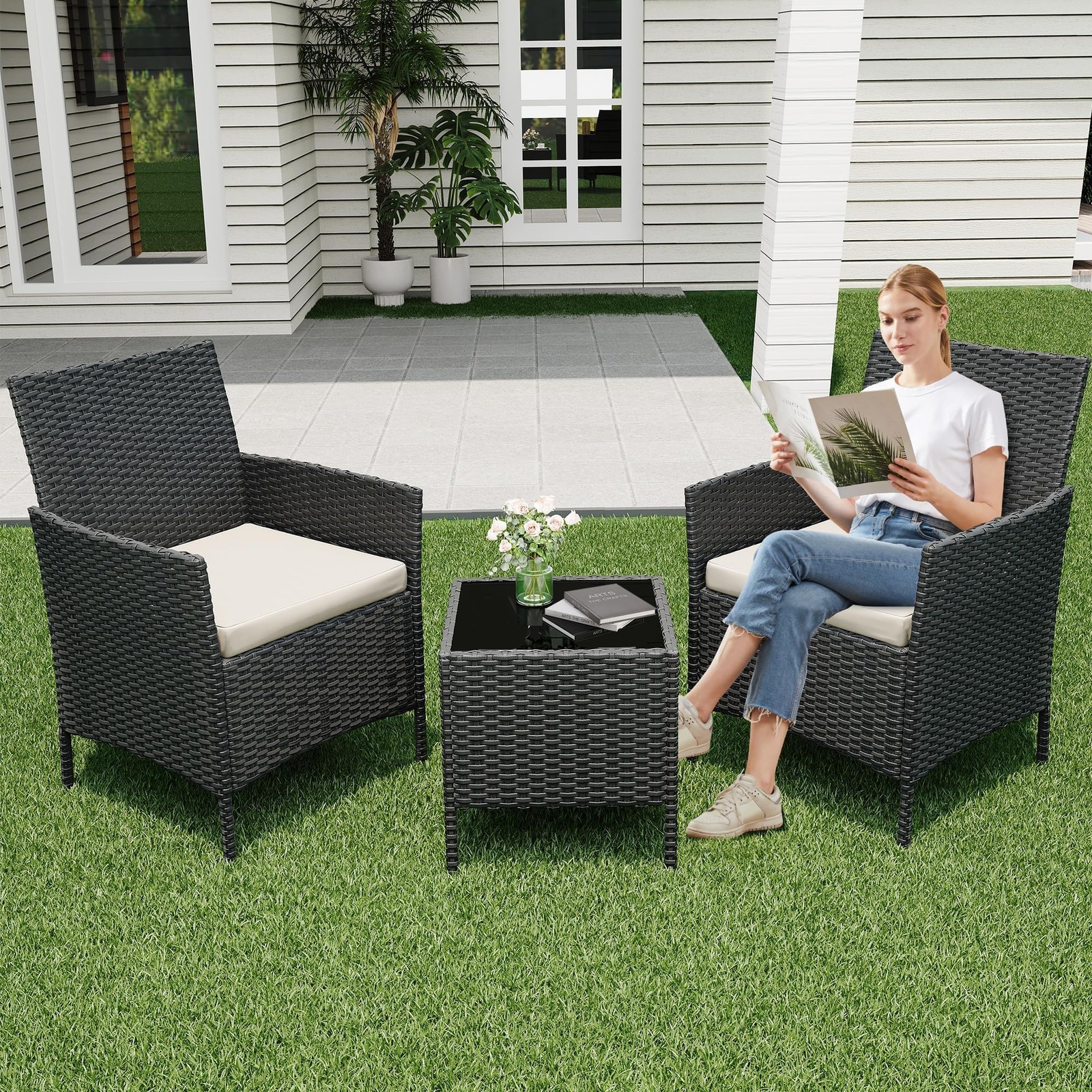 3-Piece Patio Furniture Set, Outdoor Wicker Chair &Soft Cushions w/ Coffee Table