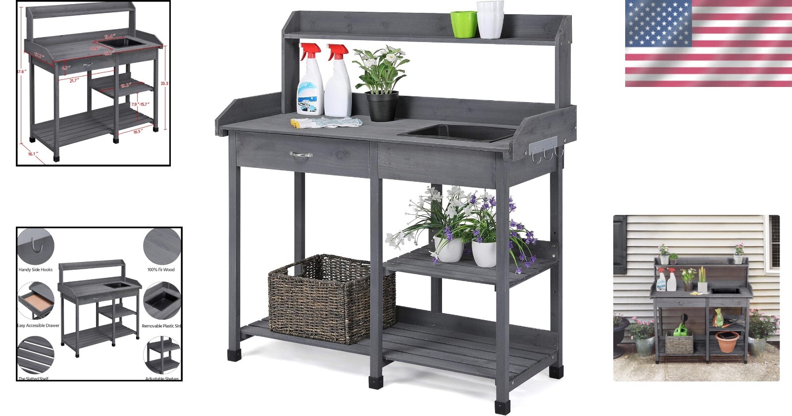 Spacious Garden Workstation – Adjustable Shelf Potting Table with Sink & Storage