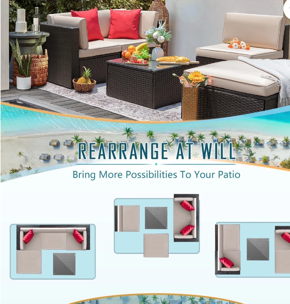 LACOO 5 Pieces Patio Sectional Set PE Rattan Outdoor All-Weather Wicker Conversa