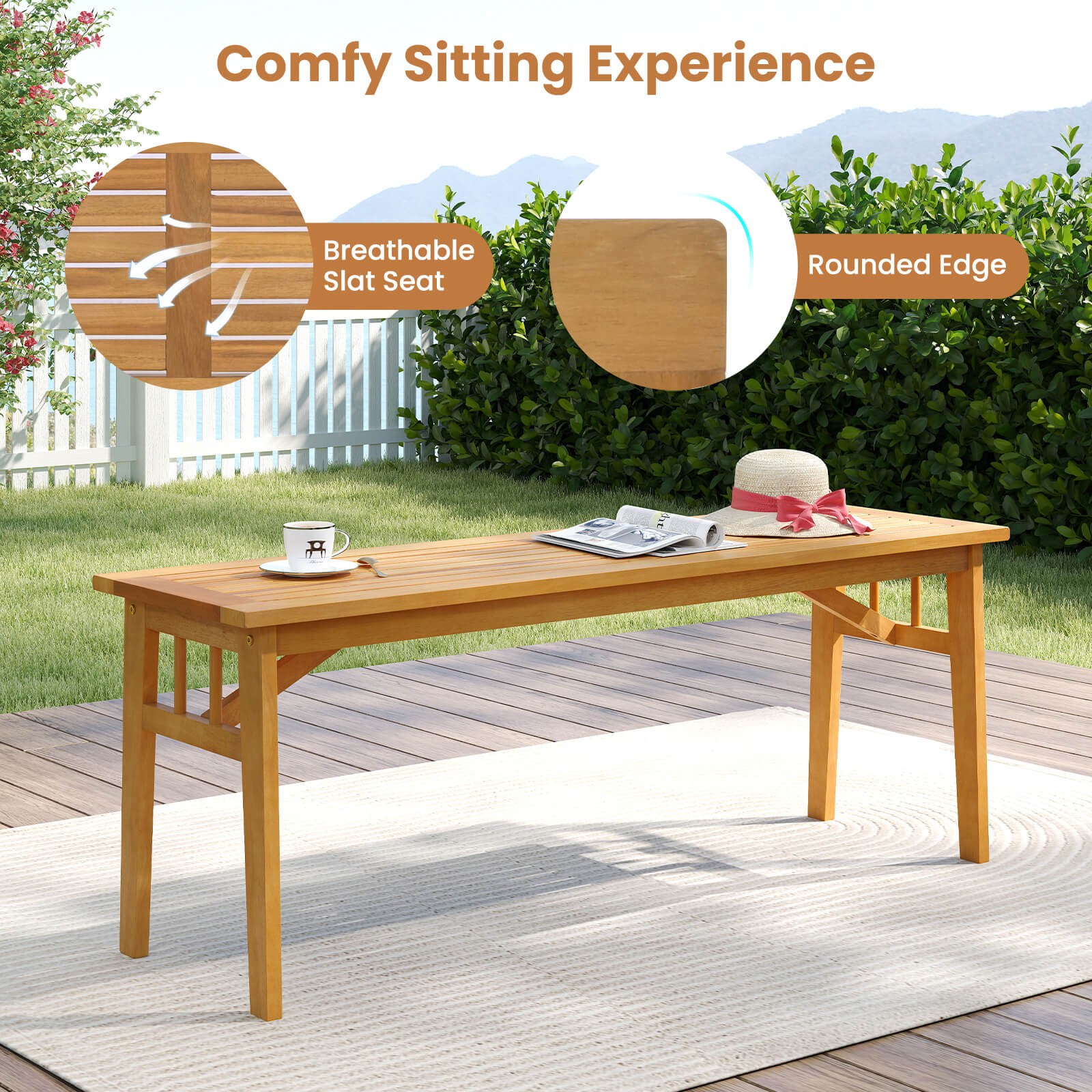 6PCS Patio Acacia Wood Dining Set w/Bench 1.97″ Umbrella Hole Cushions for Yard