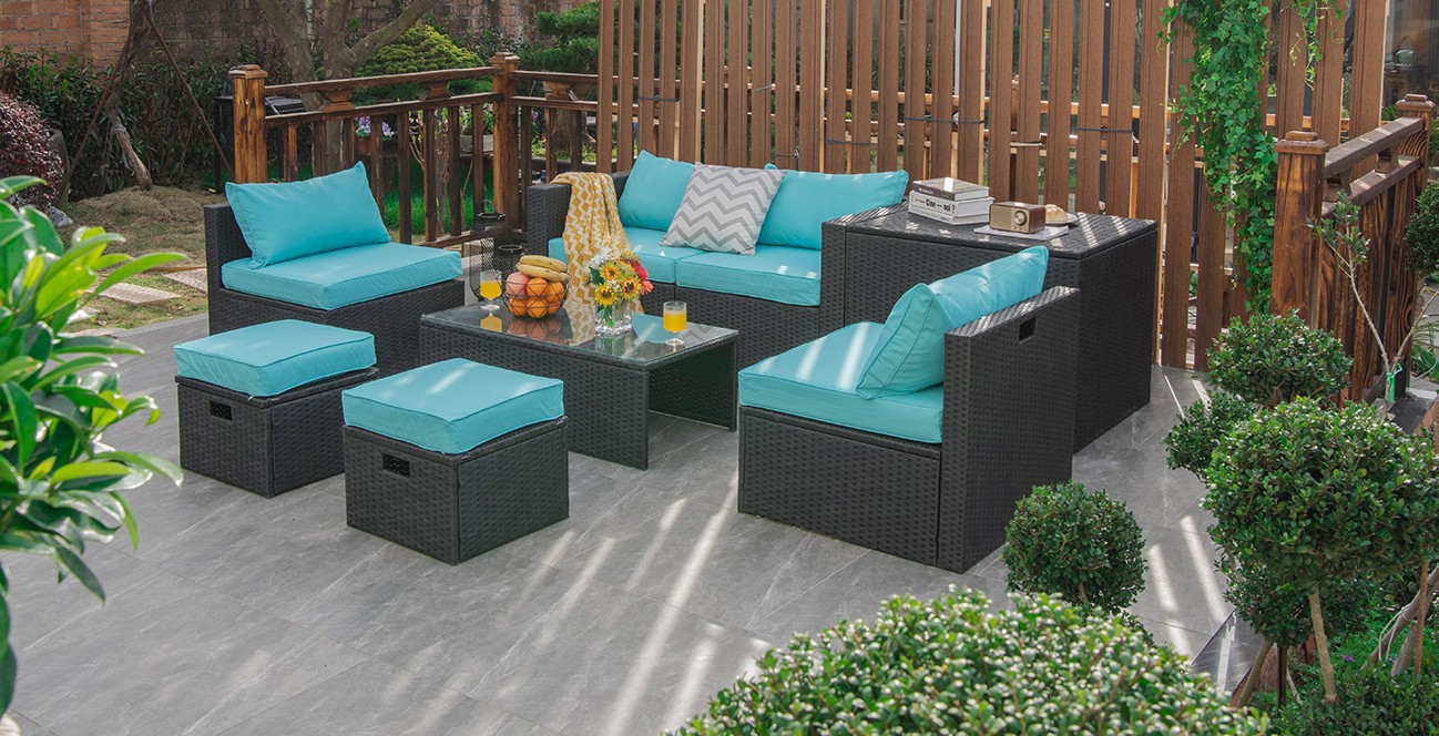 Patiojoy Outdoor 8PCS Rattan Furniture Set Storage Table Ottoman Turquoise