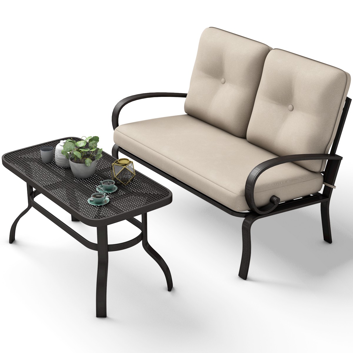 Patiojoy 2PCS Patio Bench Loveseat Coffee Table Furniture Set W/ Cushions Beige