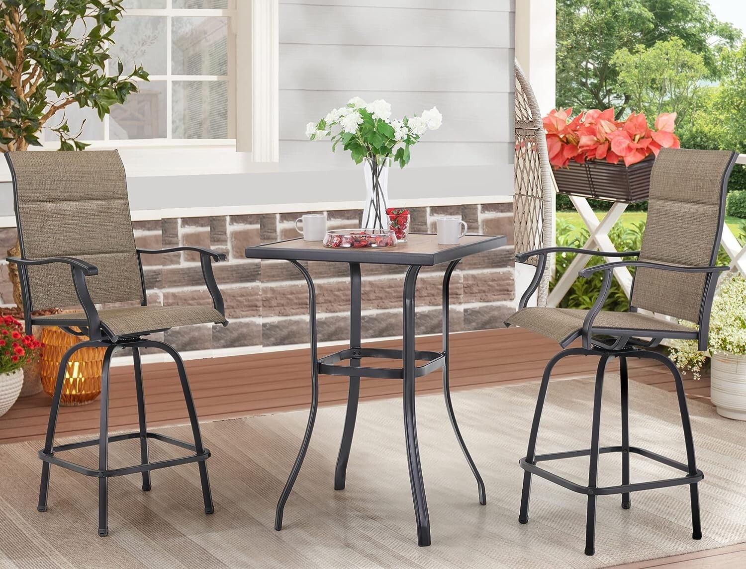Patio Bar Table Chair Set of 3 Swivel Bar Height Chair Bar Chairs Outdoor Stools