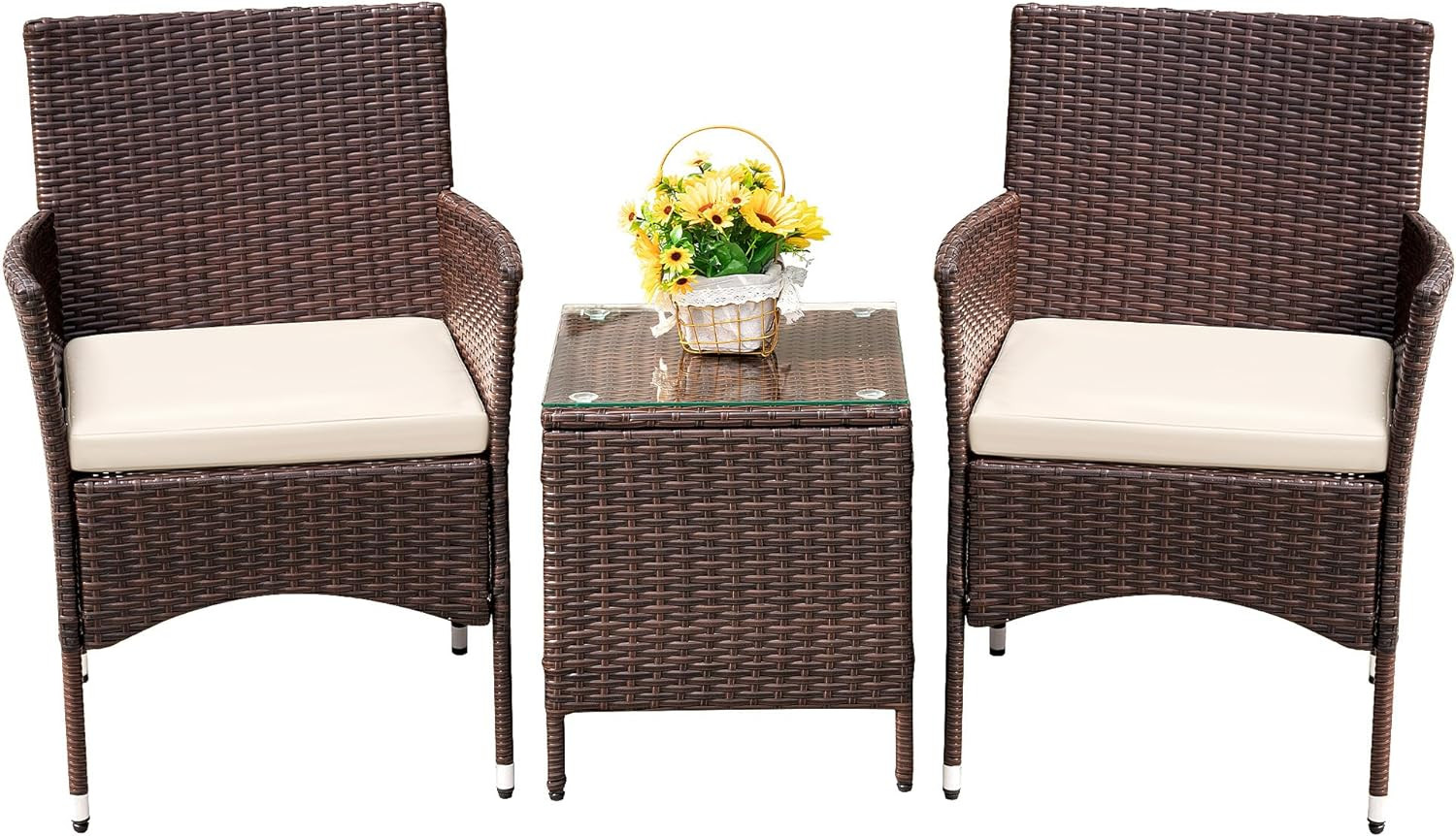 Devoko Patio Porch Furniture Sets 3 Pieces PE Rattan Wicker Chairs with Table Ou