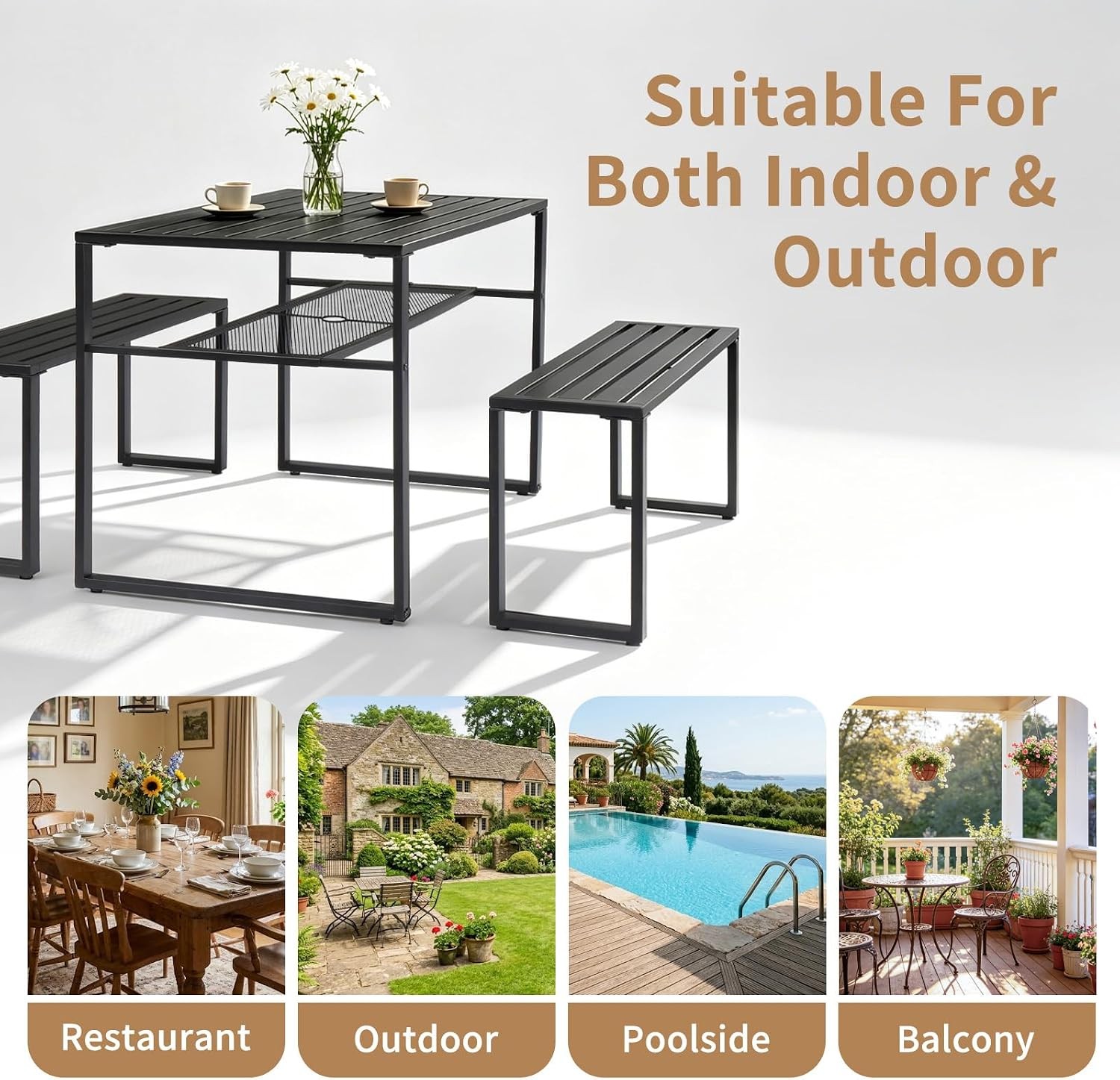 49″ Outdoor Matel Picnic Table & Bench Set W/ 2″ Umbrella Hole & Storage Shelf