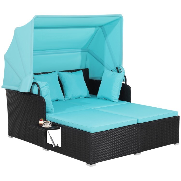 Patio Rattan Daybed Outdoor Retractable Canopy Backyard W/Cushion & Side Tables