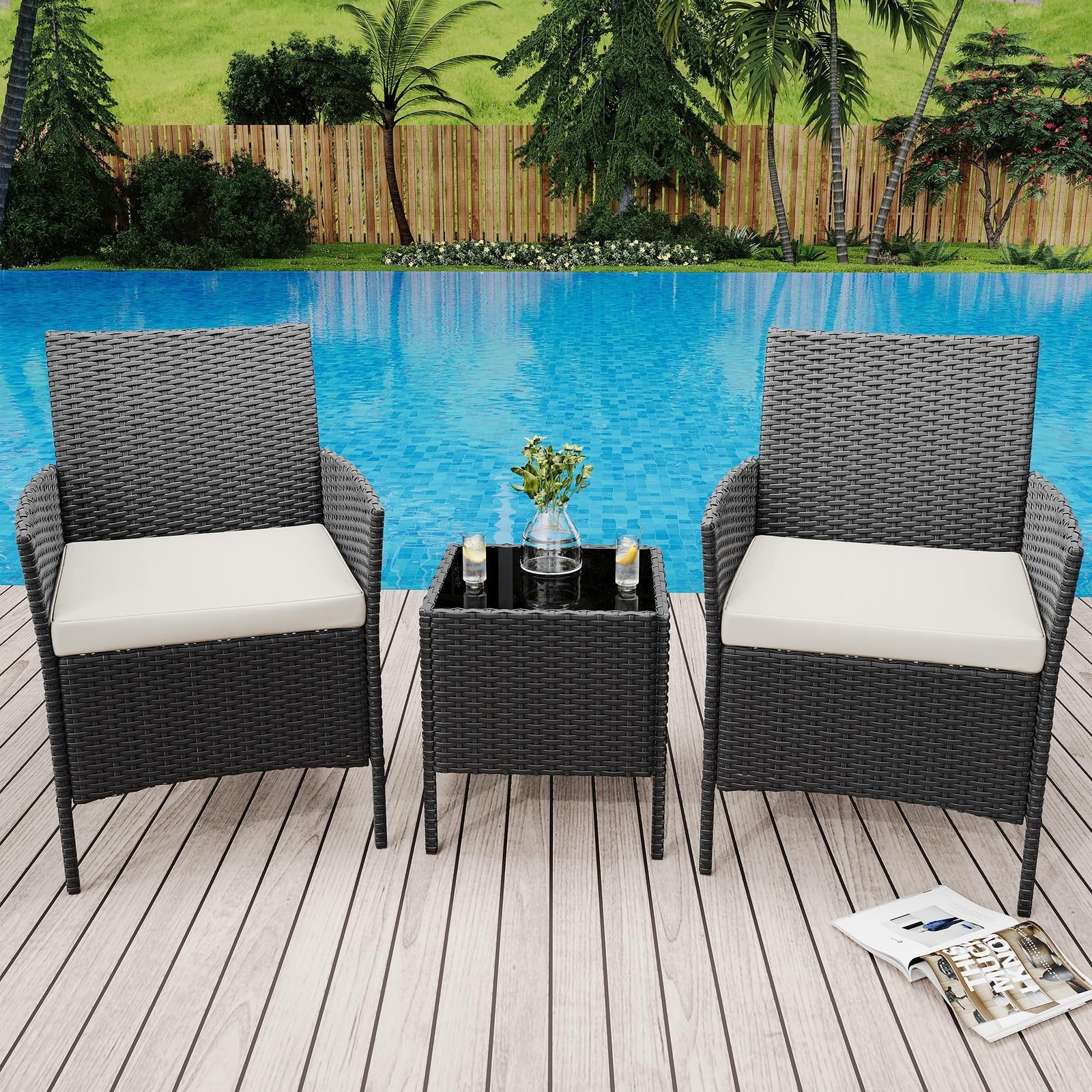 3-Piece Patio Furniture Set, Outdoor Wicker Chair &Soft Cushions w/ Coffee Table
