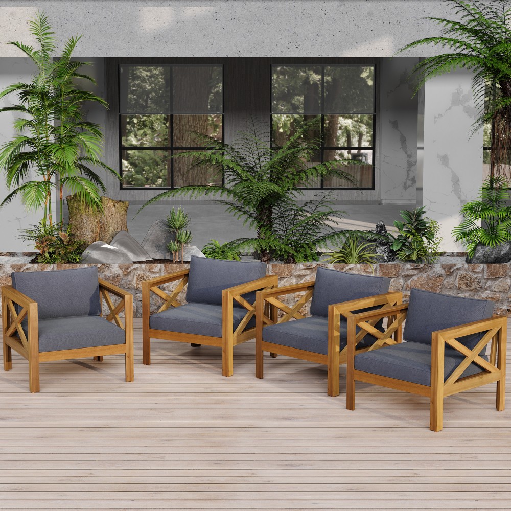 Set of 4 Weatherproof Acacia Club Chairs w/ Gray Outdoor Cushions