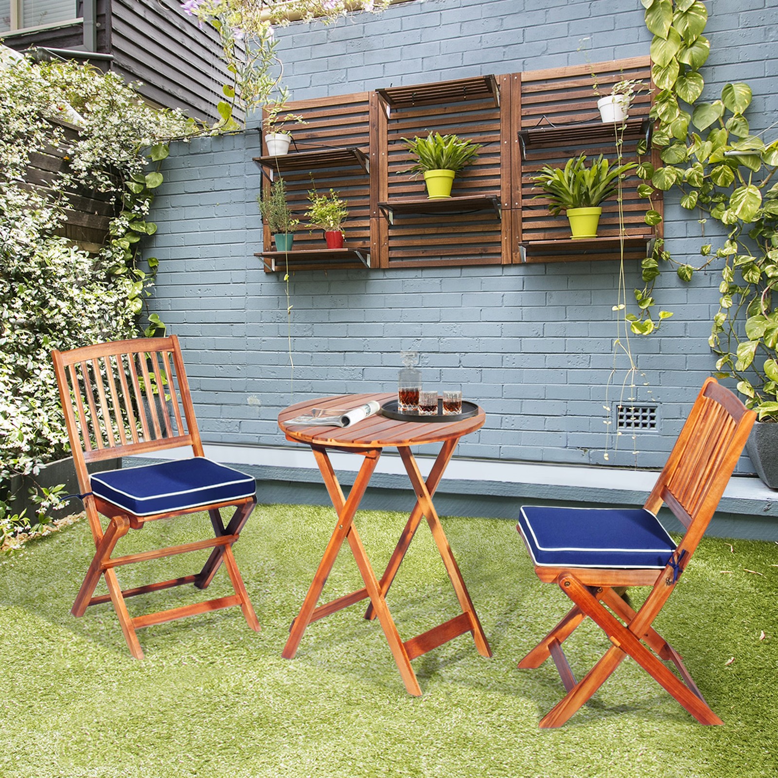 3PC Folding Patio Conversation Set Acacia Wood Bistro Set w/ Cushions