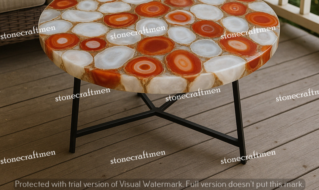 Elegant White & Red Agate Stone Coffee Table Top – Artisan Crafted Interior Acce