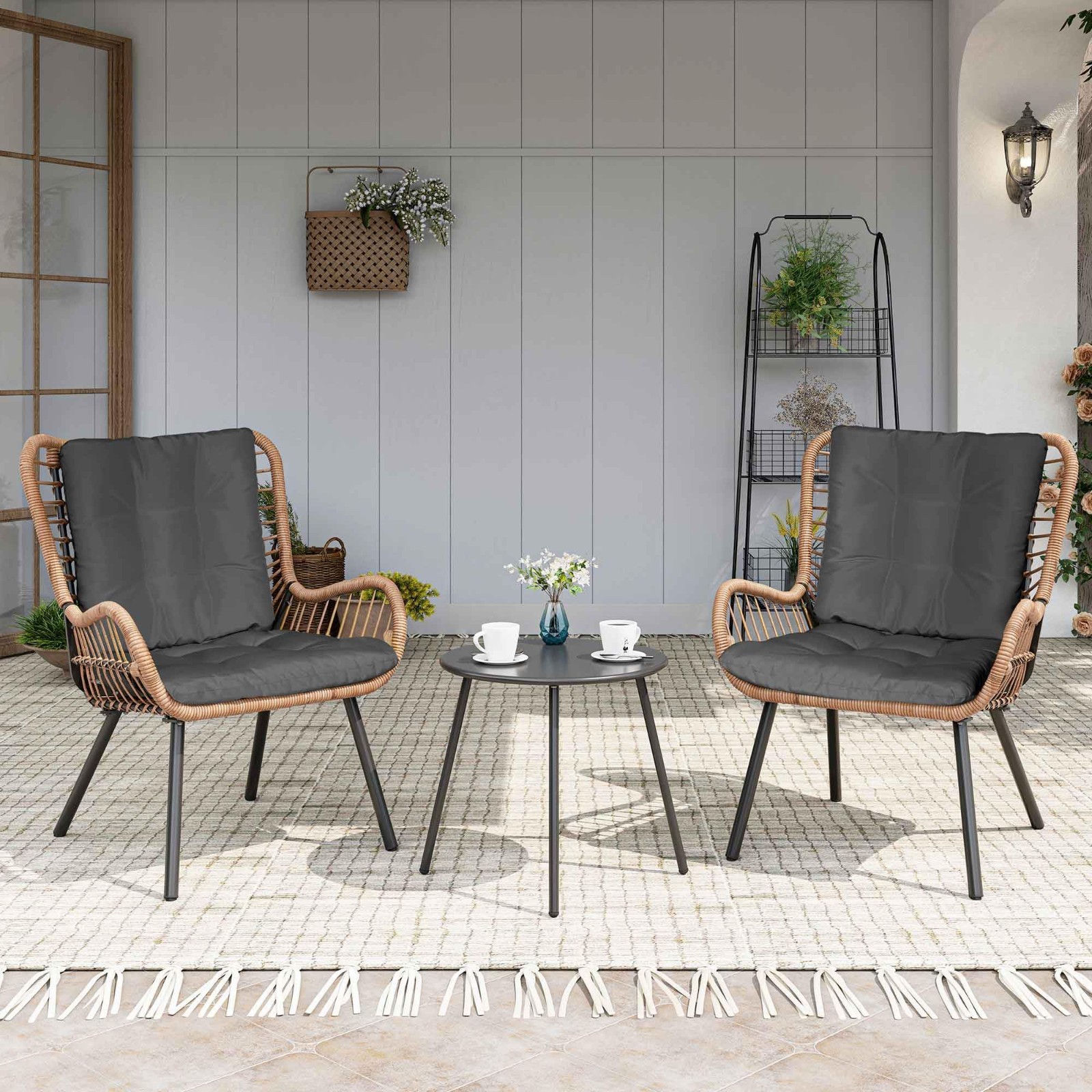 3pc Outdoor Bistro Set, Patio Furniture with Table Thick Cushions Lawn Garden