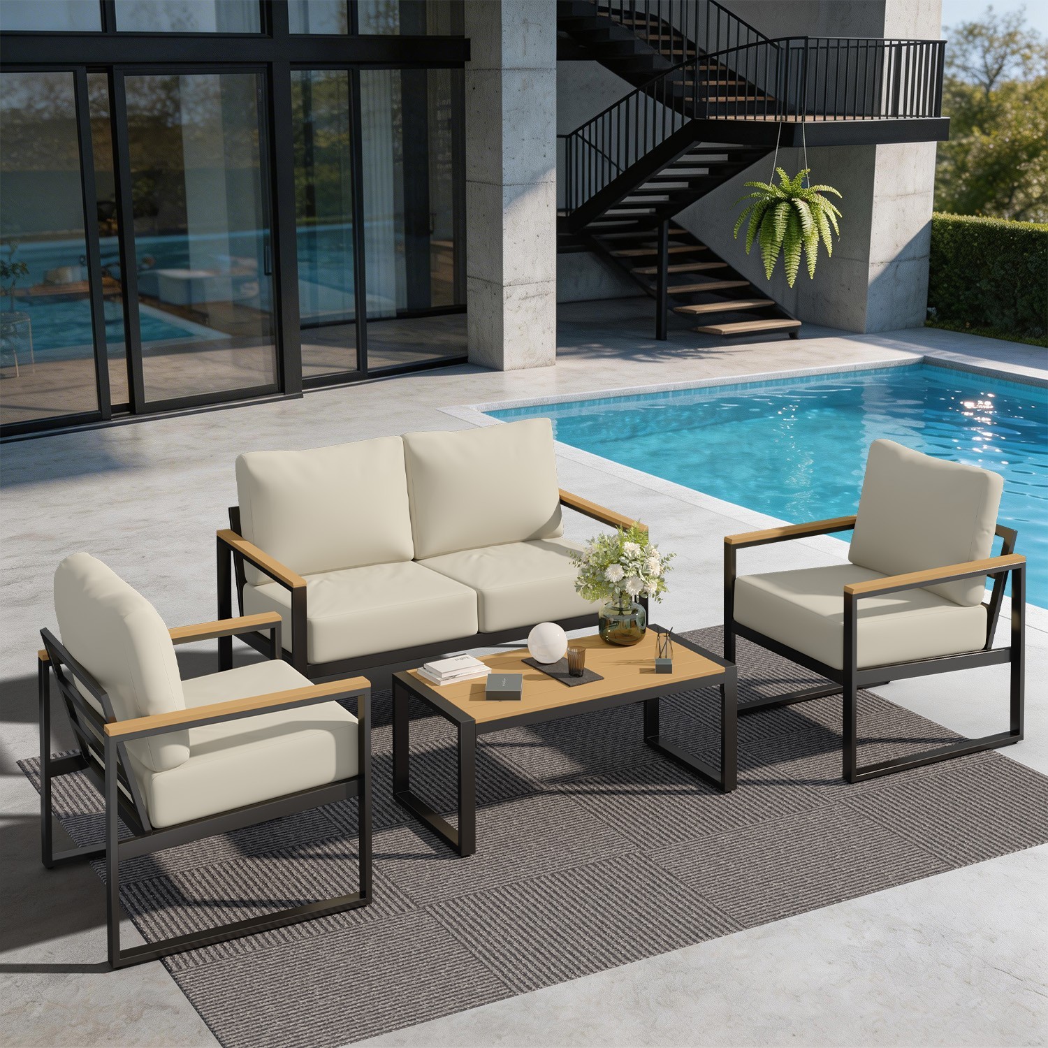 4-Piece Black Exposed Tube Patio Set 2 Single+Double+Table Beige