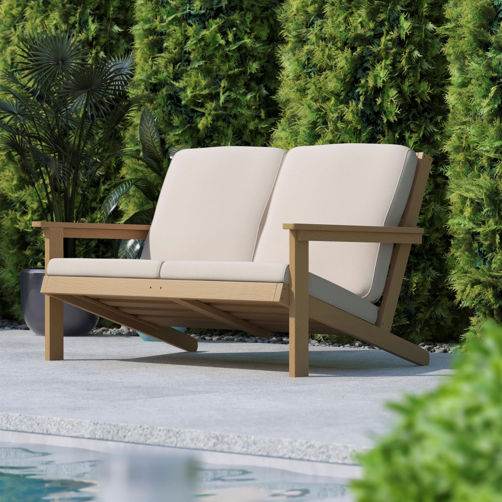 All-Weather Poly Resin Adirondack Loveseat & Cushions – Natural Cedar/Cream