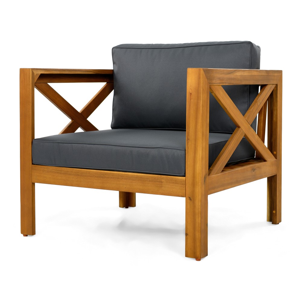 Set of 4 Weatherproof Acacia Club Chairs w/ Gray Outdoor Cushions