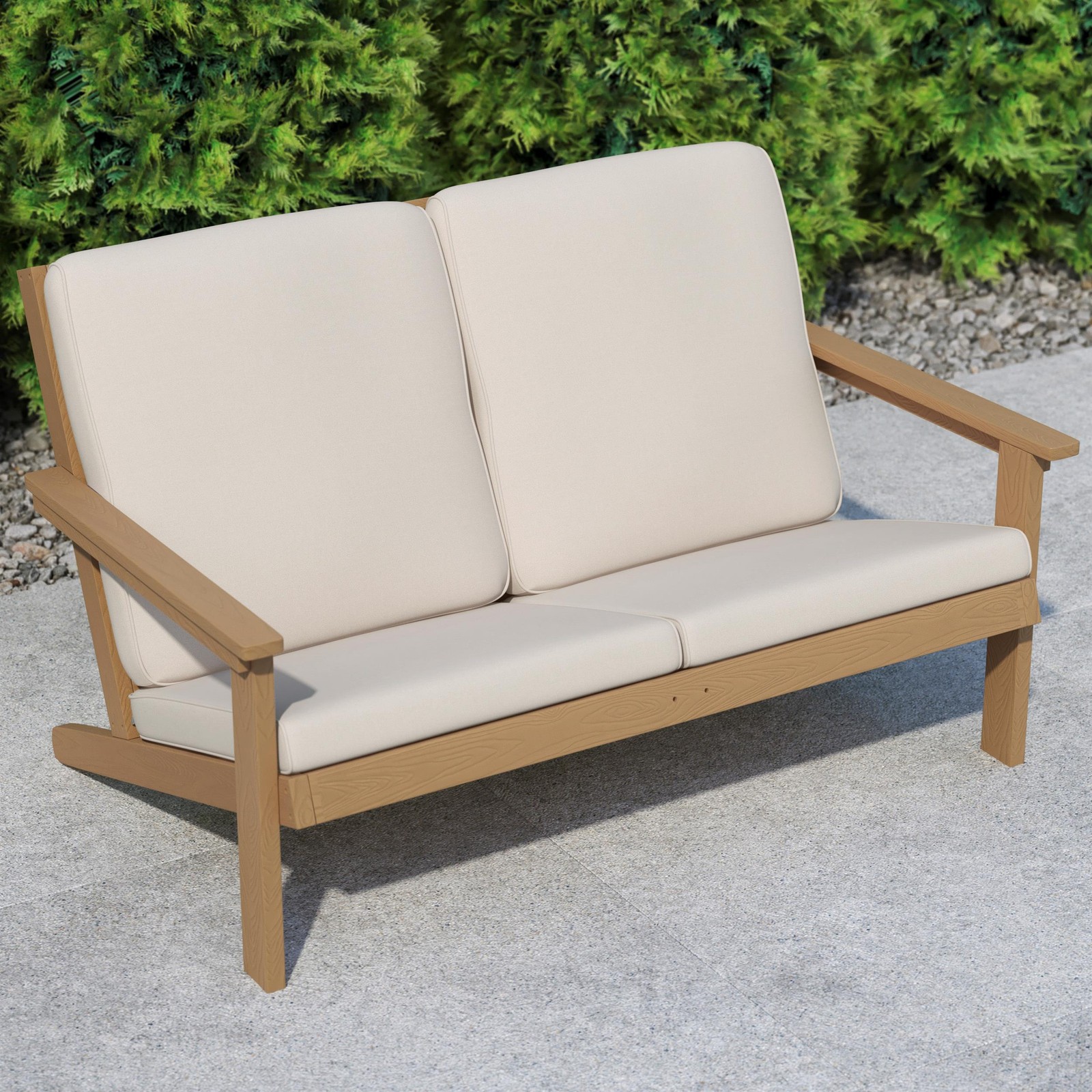 All-Weather Poly Resin Adirondack Loveseat & Cushions – Natural Cedar/Cream