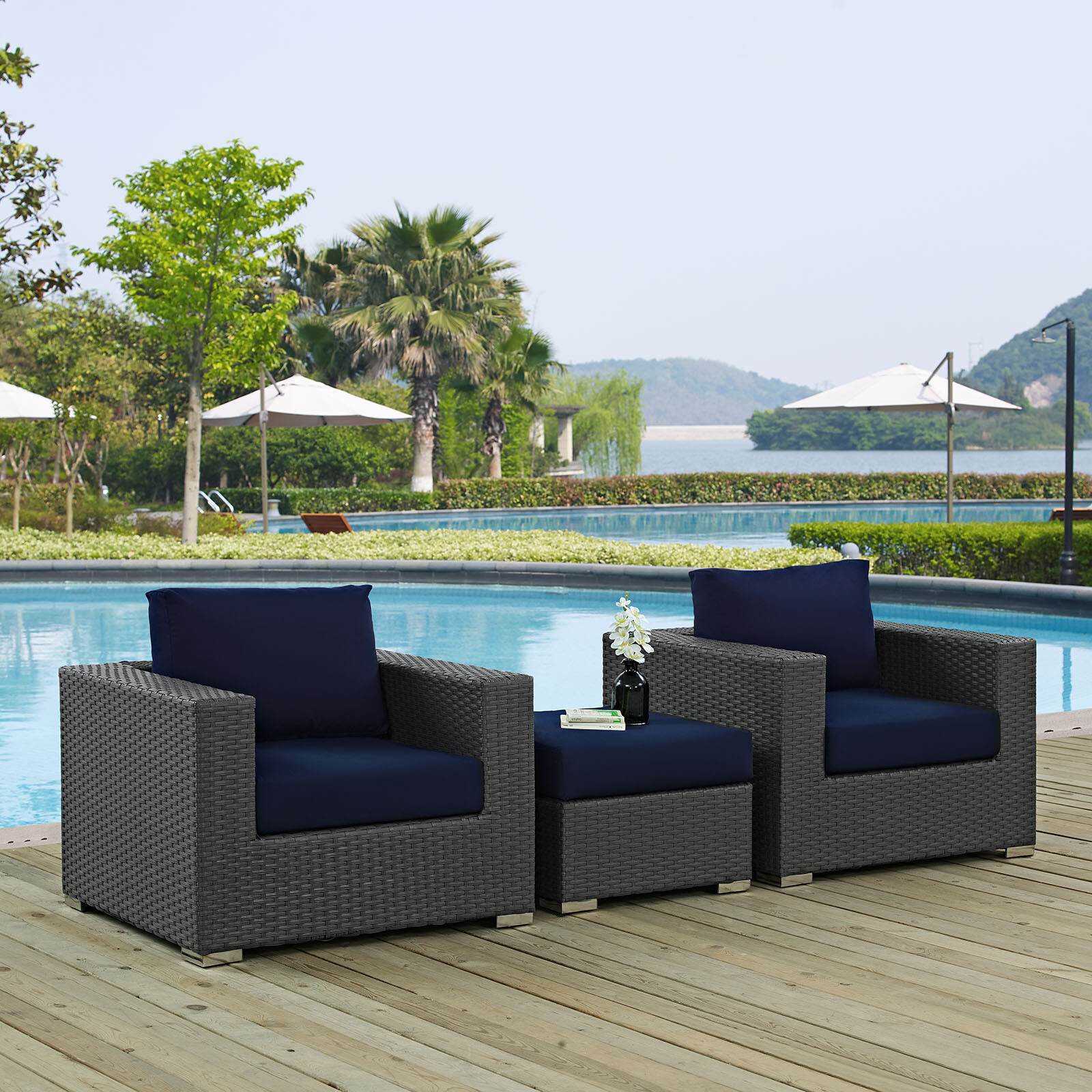 Modway Sojourn 3 Piece Outdoor Patio Sunbrella® Sectional Set in Canvas Navy