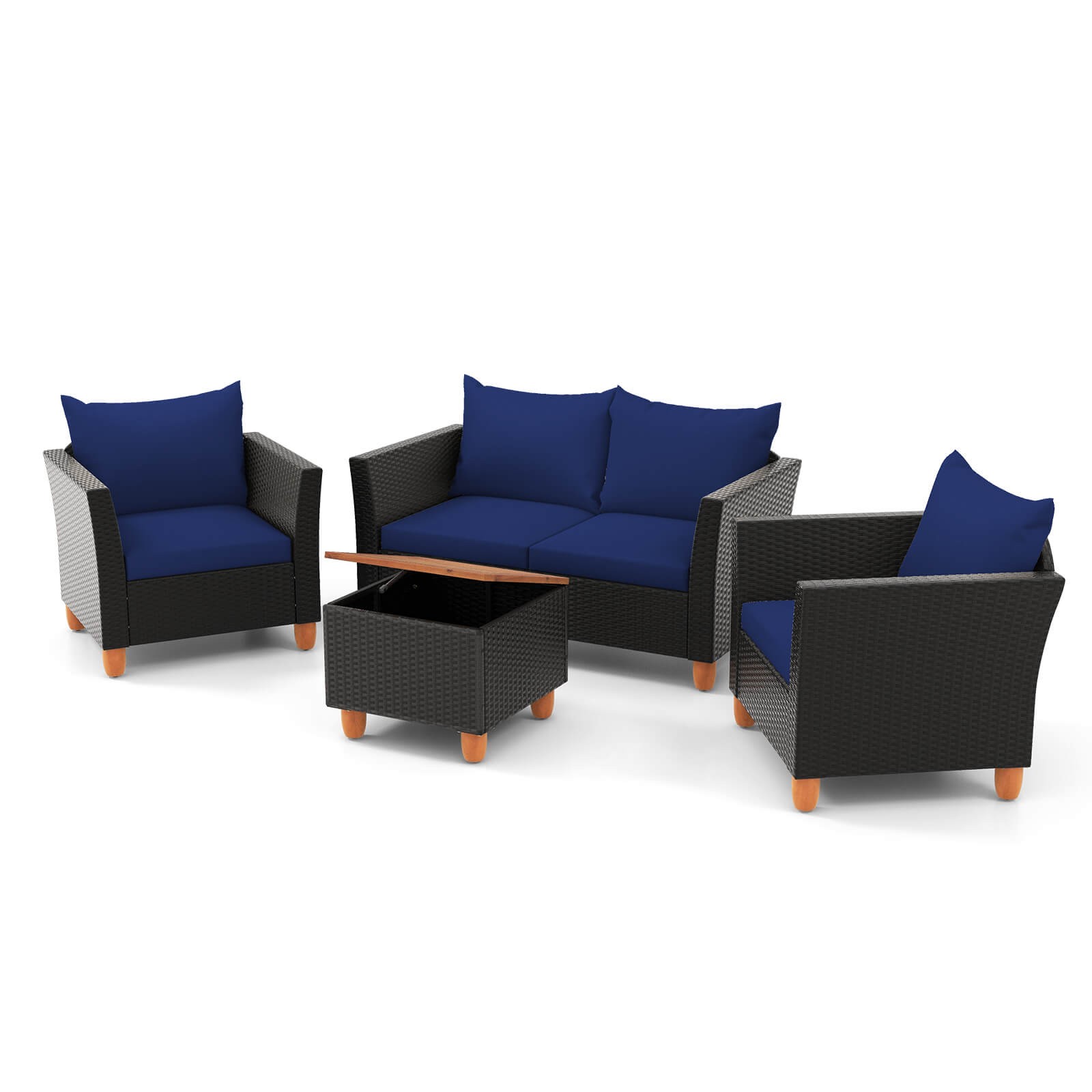 4 PCS Wicker Patio Furniture Set w/ Removable Cushions Storage Coffee Table