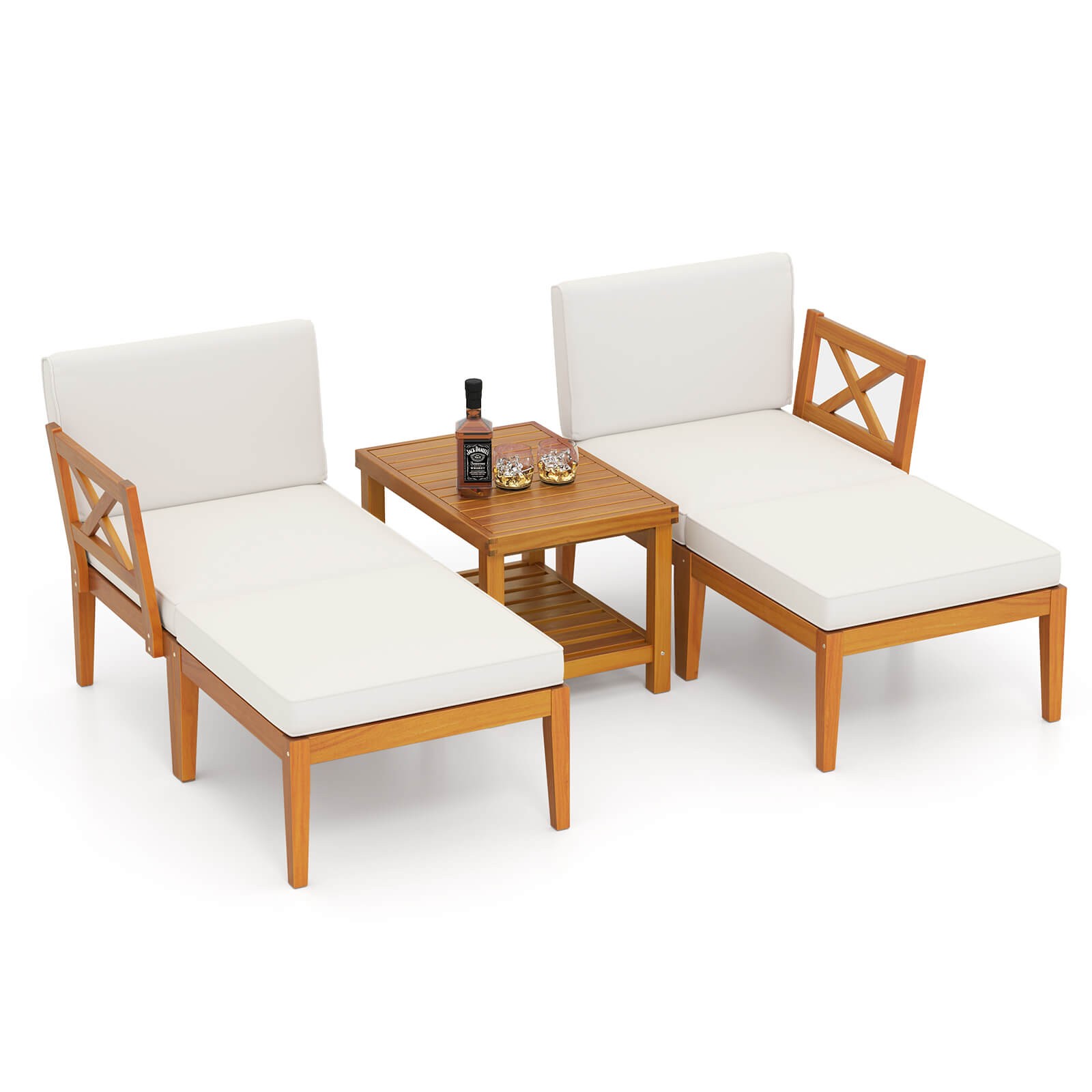 5 PCS Acacia Wood Patio Chaise Lounge Chair Set w/ 2-Tier Coffee Table Cushions