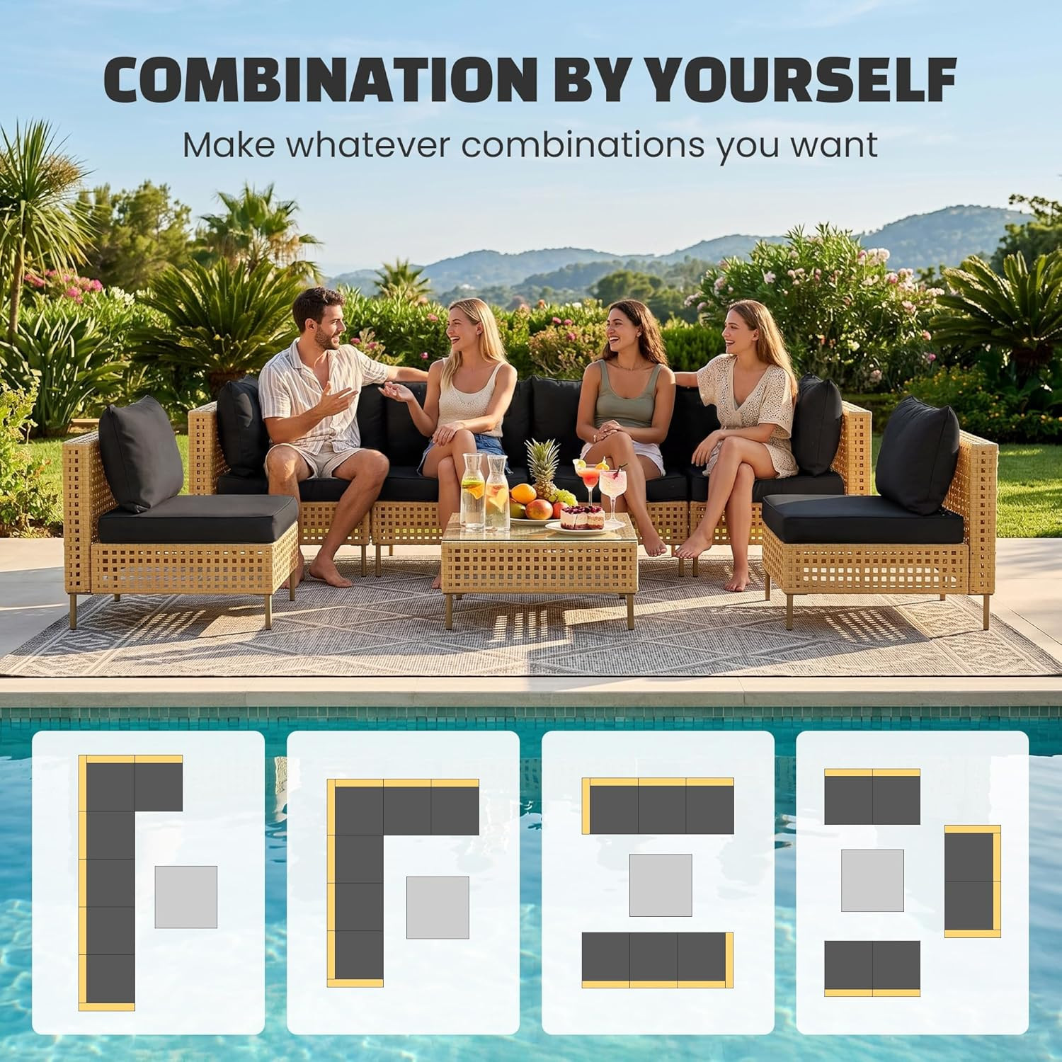 7-Piece Wicker Outdoor Patio Furniture Set, Outdoor Sectional Furniture, Patio S