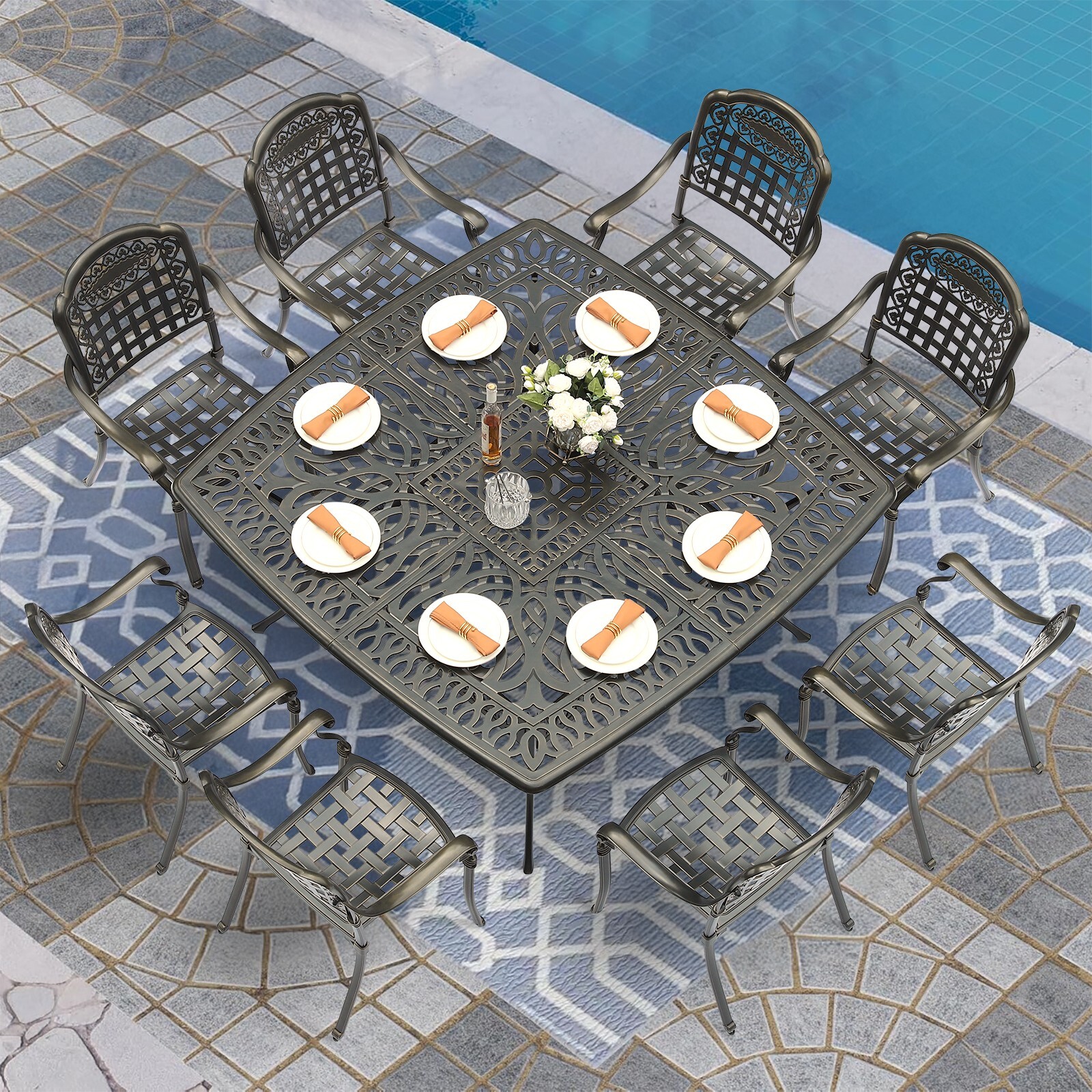 Patio Dining Set 9 Pieces Outdoor Furniture Table and 8 Stackable Chairs Set