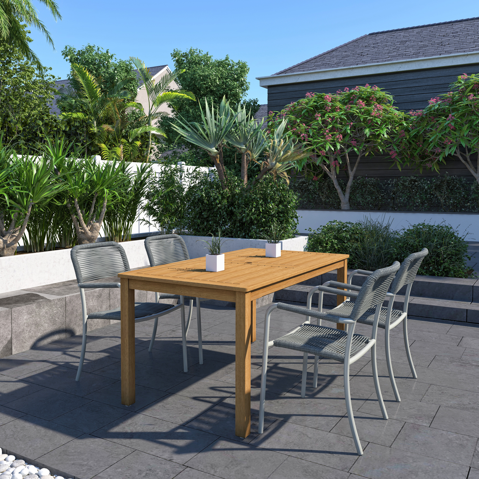Amazonia Souvigny 5-Piece Outdoor Dining Set | Teak Finish | Grey Chairs