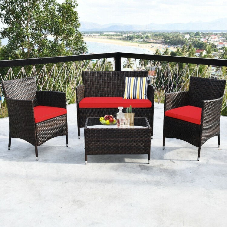 Patio Wicker Furniture Outdoor 4Pcs Rattan Sofa Garden Conversation Set Black