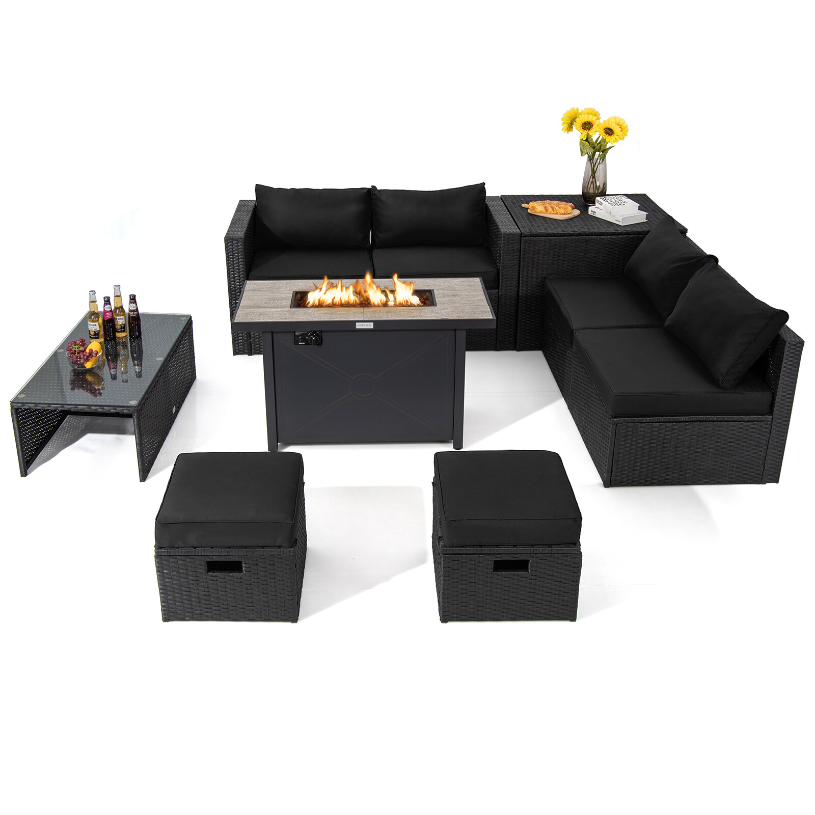 Topbuy 9 Pieces PE Rattan Wicker Sofa with 42″ 60,000 BTU Gas Fire Pit Table