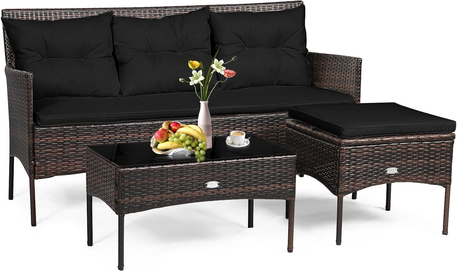 3 Pieces Patio Furniture Set Rattan Wicker Sectional Conversation Sofa Set w/5