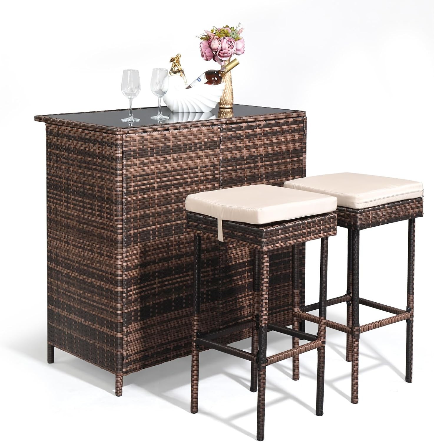 Outdoor Bar Table 3 Piece Rattan Patio Bar Set W/ Stools 40″ Height Tempered