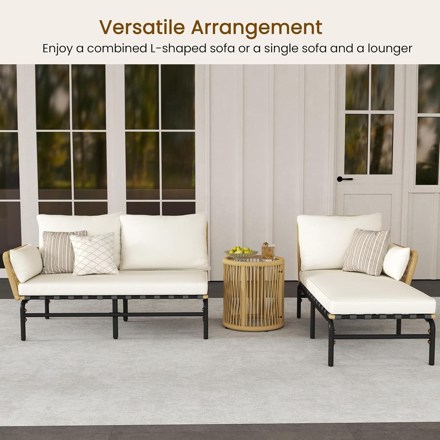 3 Pieces L-Shaped Conversation Set Outdoor Patio Furniture Set w/Detachable
