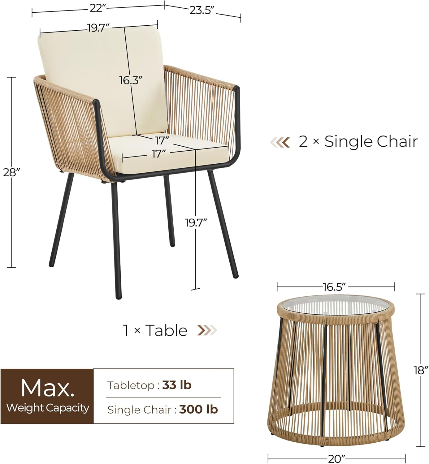 3-Piece Outdoor Rattan Bistro Set with Cushions & Glass Table – Tan/Cream