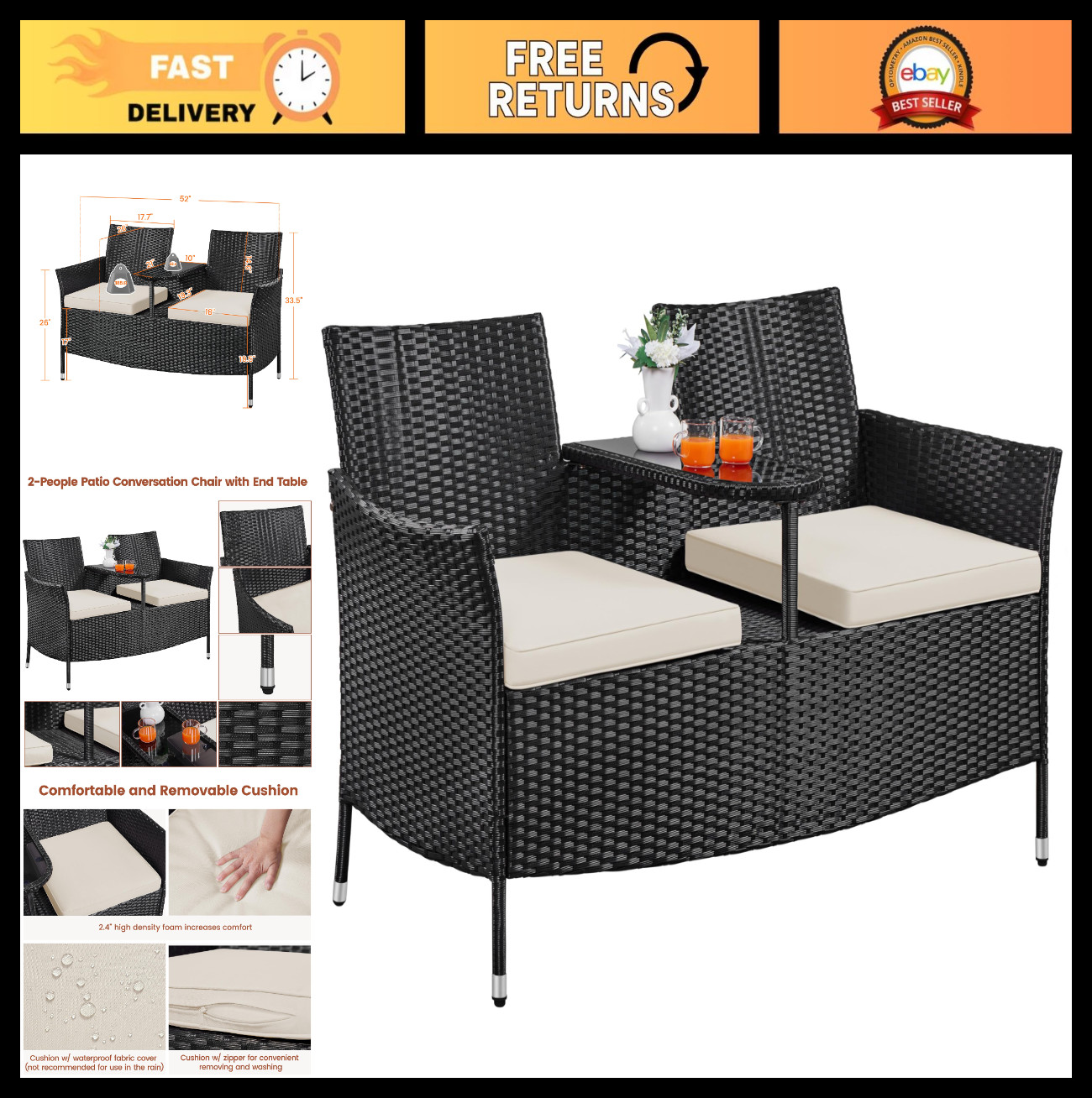 Outdoor Wicker Loveseat Set for 2, PE Rattan Double Chair & Glass Side Table, Cu
