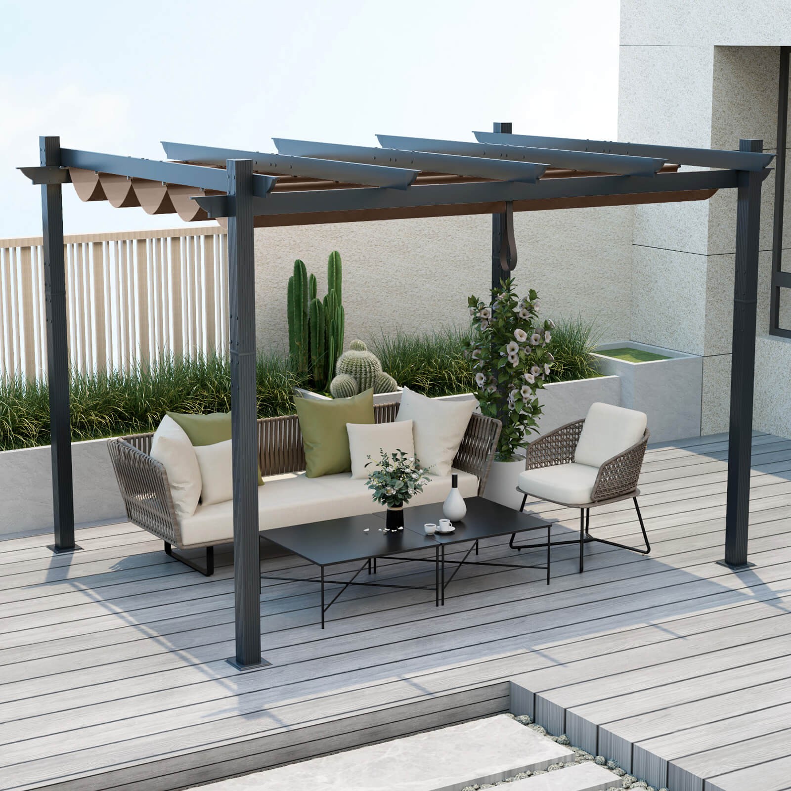 10x12ft Outdoor Aluminum Retractable Pergola Canopy Shelter Grape Trellis Brown