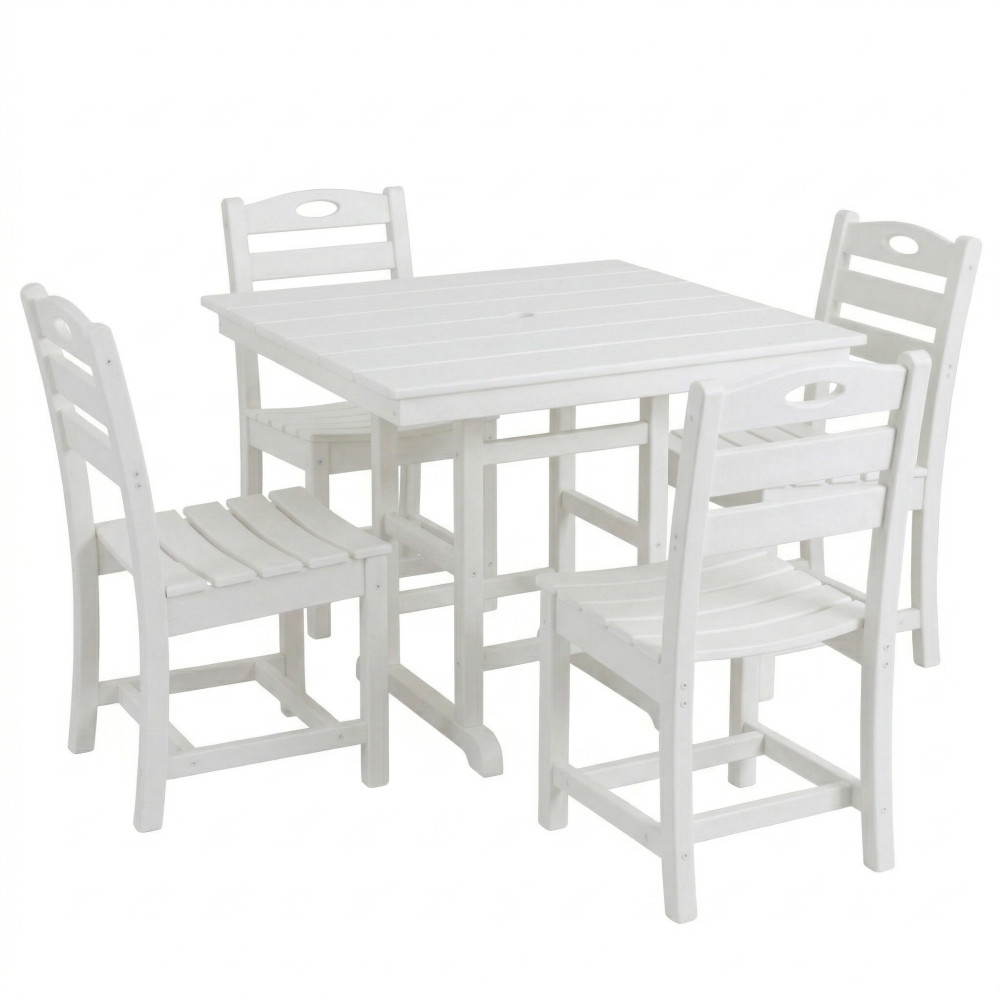 White HDPE 5-Piece Patio Dining Set for 4 Complete w/ Square Table, 4 Chairs