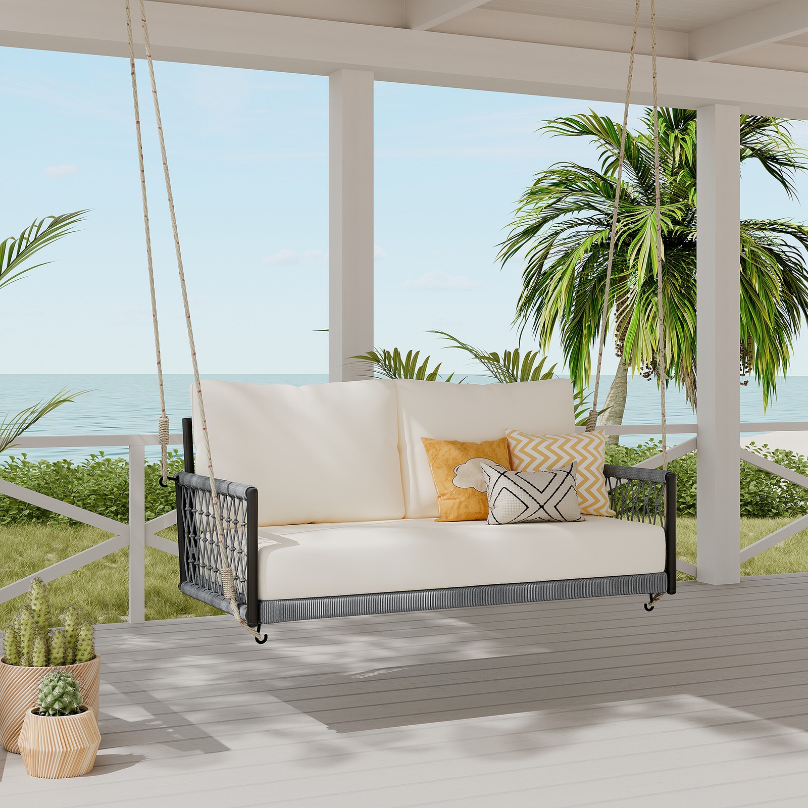 2-Person Outdoor Swing Sofa with Cushions, Woven Rope & Iron Frame