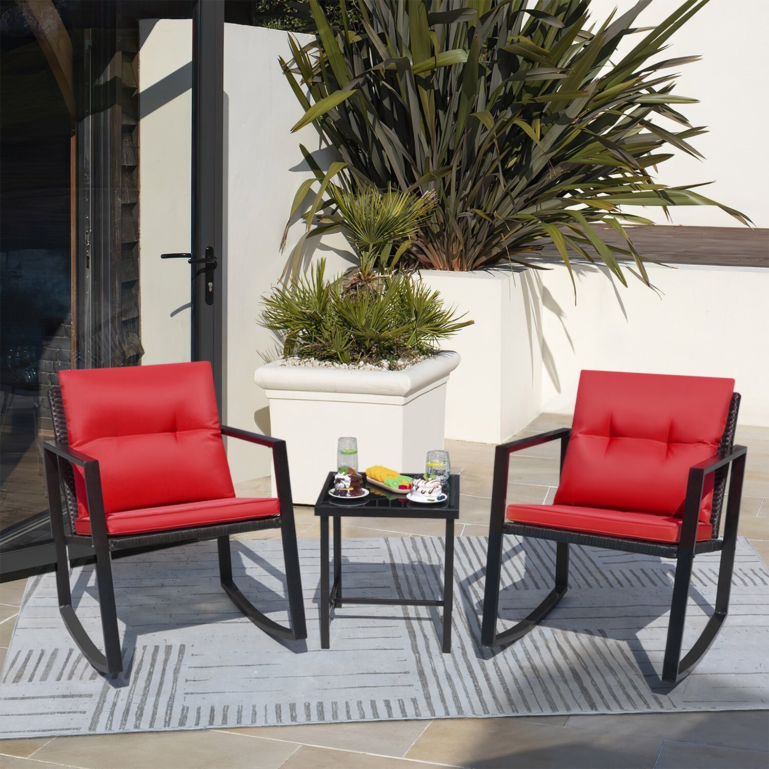 3 Pieces Rocking Wicker Bistro Set, Patio Outdoor Furniture Conversation