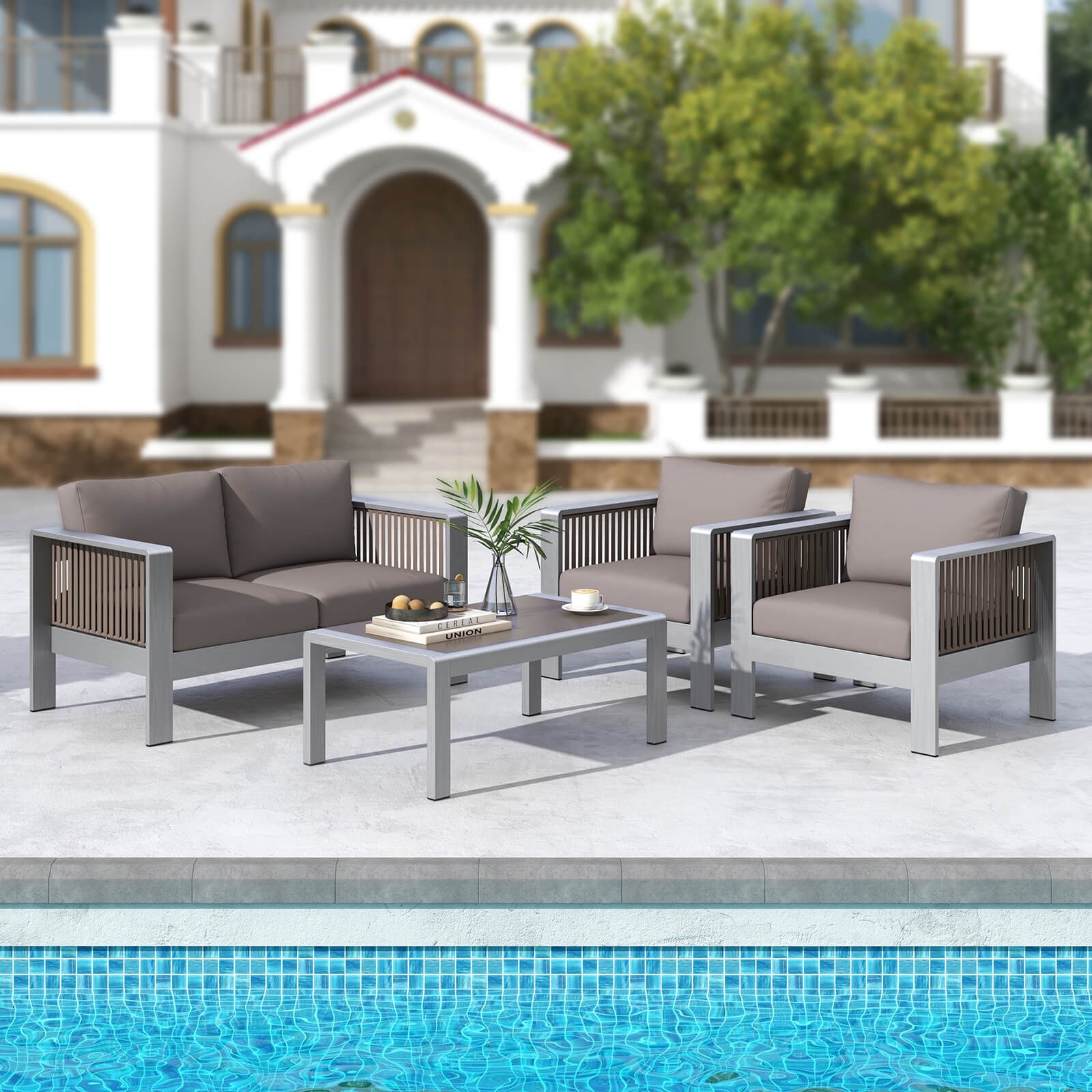 Outdoor Rectangle Coffee Table Aluminum Side Table w/ Tempered Glass Tabletop