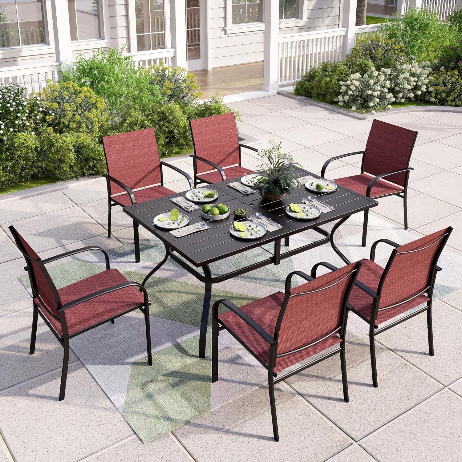 7 Piece Patio Furniture Set Outdoor Dining Set Rectangle Table w/ Umbrella Hole