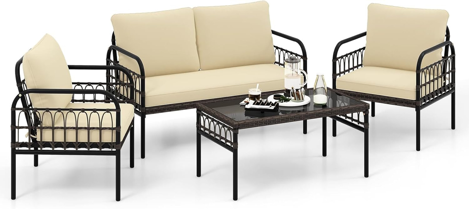 Beige 4-Piece Wicker Patio Set with Cushions & Glass Table for Outdoor Comfort