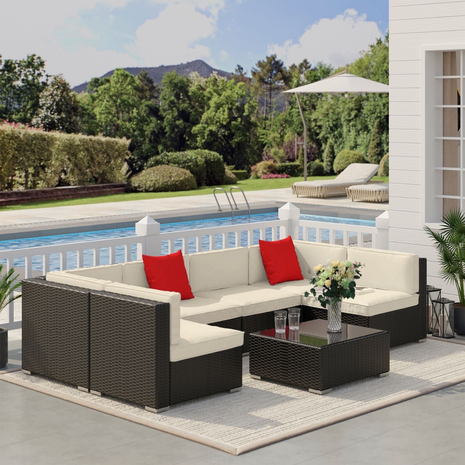 Sectional 7pc Patio Sofa Set with Heavy Duty Frame and 12.5H Glass Table Black