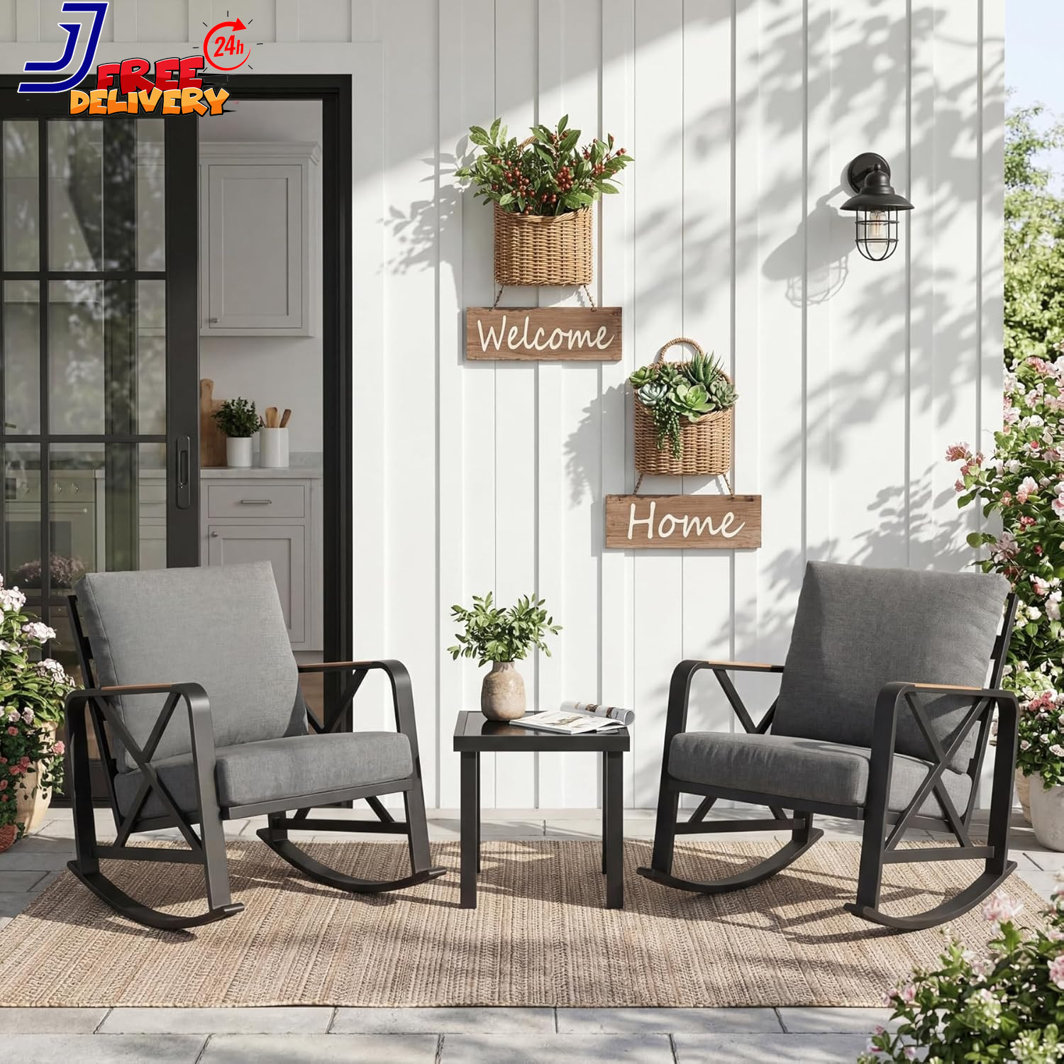 Outdoor Rocking Chair Set Patio Furniture Waterproof Rocking Chair w/Thick Cushi