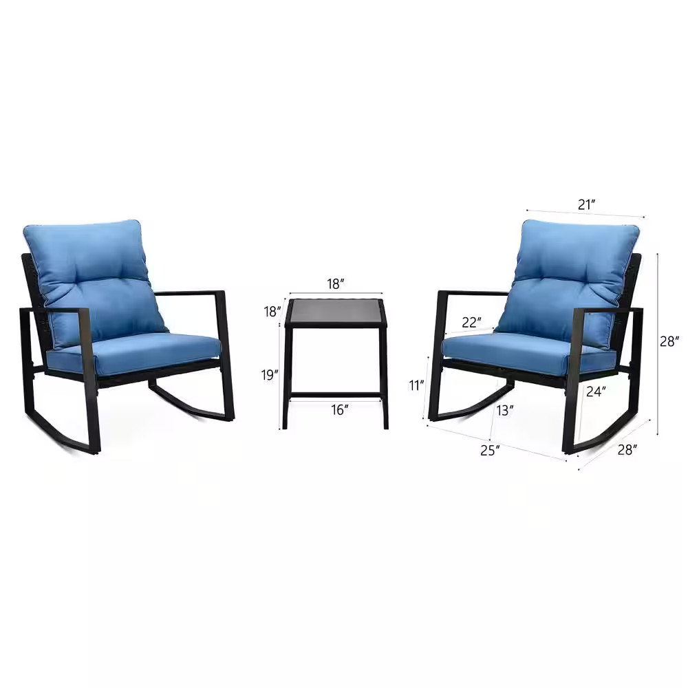 3-Pieces Wicker Outdoor Patio Bistro Set Outdoor Rocking Chair with Blue Cushion
