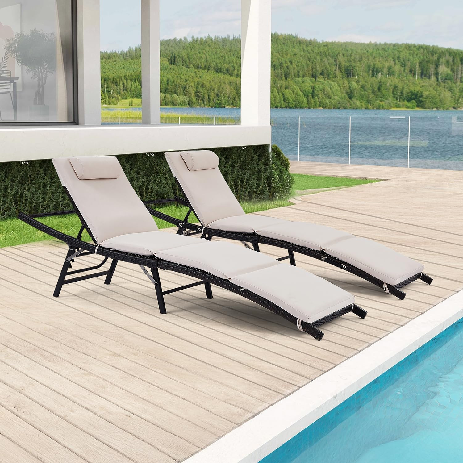 Set of 2 Patio Chaise Lounge Chairs Folding Wicker Reclining with Cushions Pool